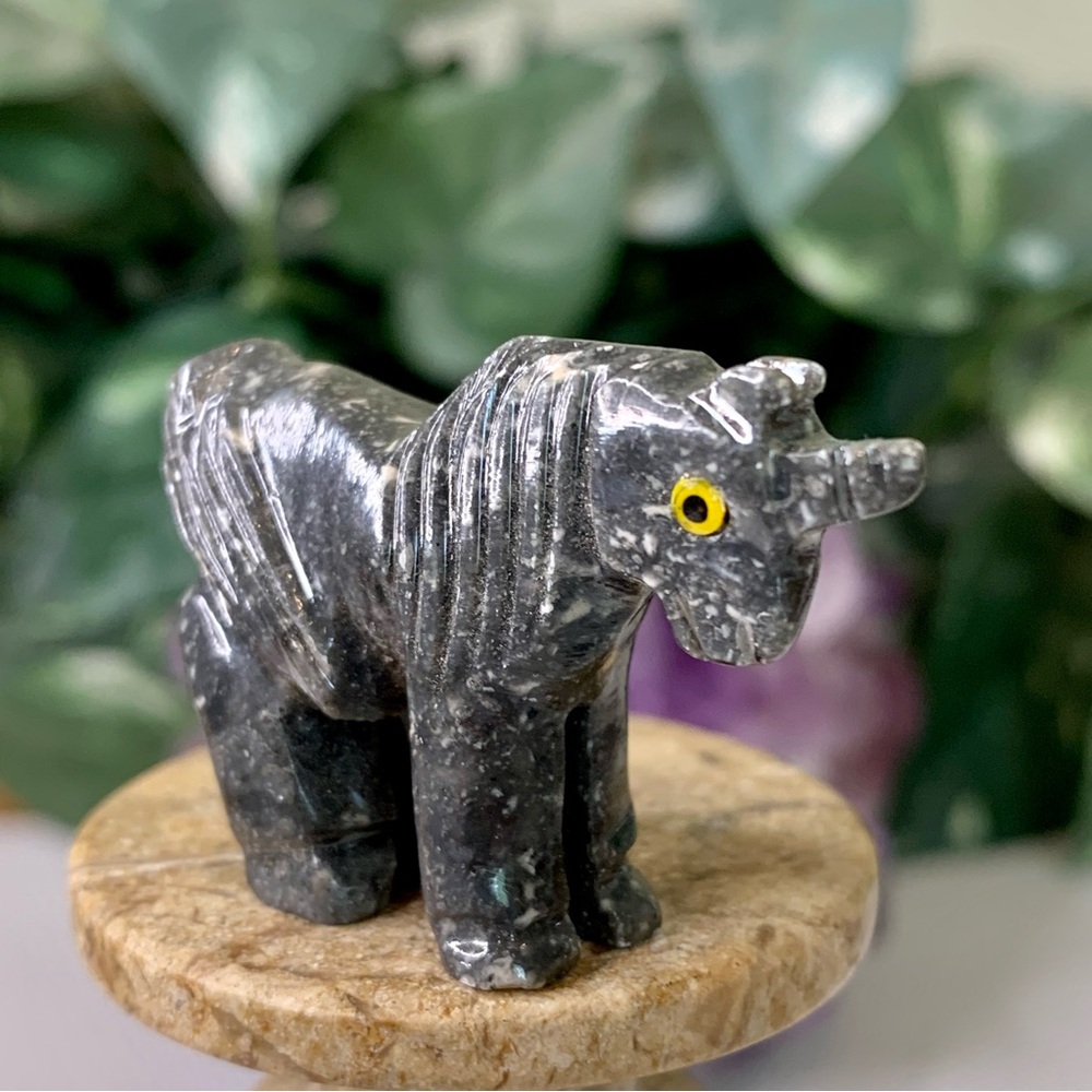 Grey Soapstone Carved Unicorn Figurine Miniature Stone Animal Carving Yellow Eye - Picture 2 of 15